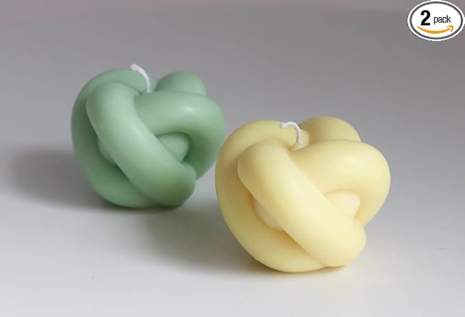 Knot Candles - Set of 2, Premium Soy and Palm Wax, Shaped, Trendy Room Decor, French Vanilla, Green+Yellow