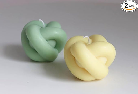 Knot Candles - Set of 2, Premium Soy and Palm Wax, Shaped, Trendy Room Decor, French Vanilla, Green+Yellow