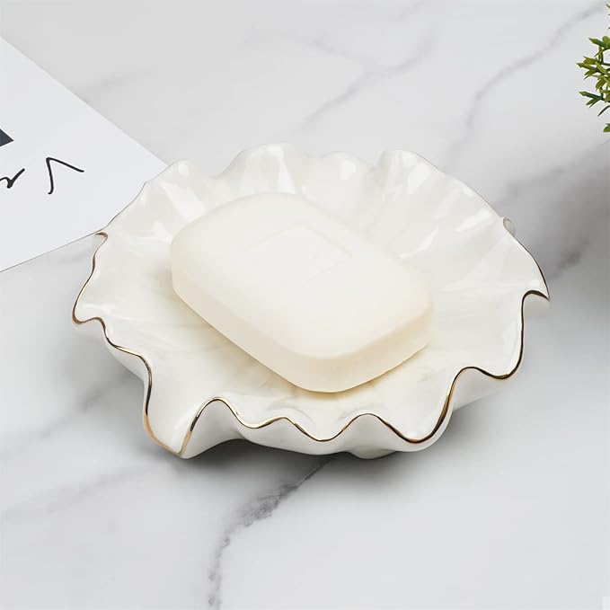 Soap Dish with Drain Ceramic White Lotus Leaf Soap Holder Soap Saver for Bar Soap, Kitchen Sink, and Bathroom Shower