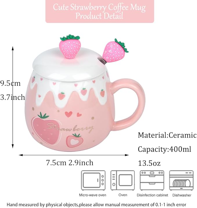 Pink Mug,Kawaii Strawberry Cup,Cute Ceramic Coffee mug with Lid and Lovely Spoon,Sweet Coaster,Novelty Morning Cup, Christmas Birthday Gift Cute Thing Korean Mug for girls women (Big Strawberry)