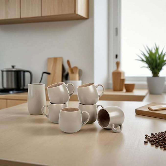 Ceramic Coffee Mugs Set of 6, 14oz - Modern Scandinavian Aesthetic Large Cup- Microwavable Stoneware Coffee Cups with Comfortable Handle - Tea Mug Set for Latte, Cappuccino, Soup - Taupe