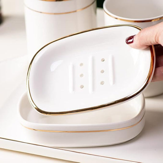 Self Draining Soap Dish, Double-Layer Bar Soap Tray, White Ceramic Soap Dish with Elegant Patterns (White with Gold Line)