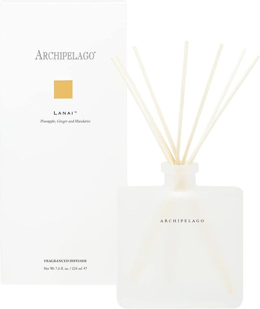 Archipelago Botanicals Lanai Reed Diffuser, Home Fragrance Reed Diffuser, Includes Fragrance Oil, Frosted Glass Vessel & 10 Diffuser Reeds, Perfect for Home, Office or Gift, 7.6 Fl Oz