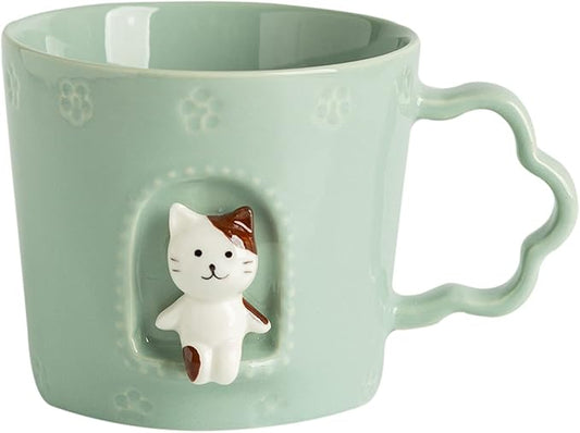 DIHOclub Cat Ceramic Cup Window Animals Mug Cute Cartoon Handmade Figurine Mugs,Holiday and Birthday Gift for Daughter,Son,Kids,9 OZ (Blue)