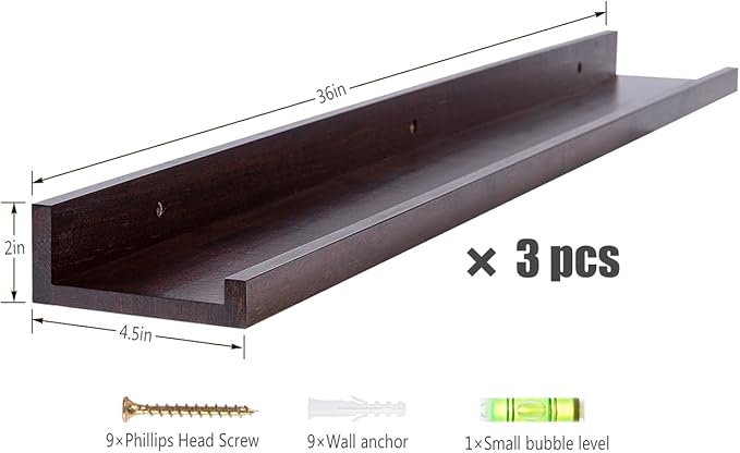 MBYD 36 Inch Wood Floating Shelves Wall Mounted Deep Walnut Picture Ledge Shelf Nursery Book Shelves for Home Decor for Bedrooms, Office, Living Room, Kitchen, 3 Same Sizes