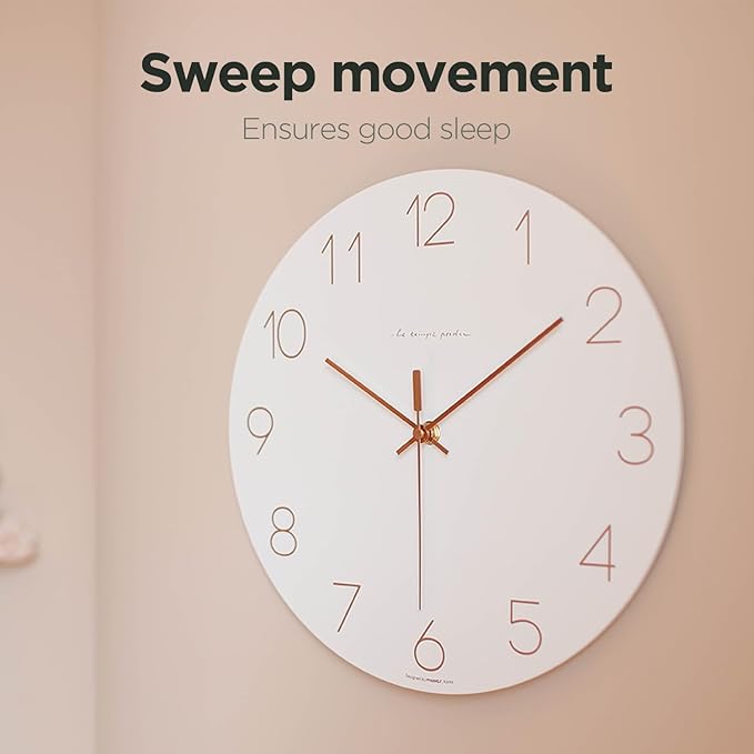 mooas Flatwood Wall Clock (Rose Gold),12" Non-Ticking Sweep Movement Decorative Battery Operated Wall Clock for Home Living Room Kitchen Bedroom Office School