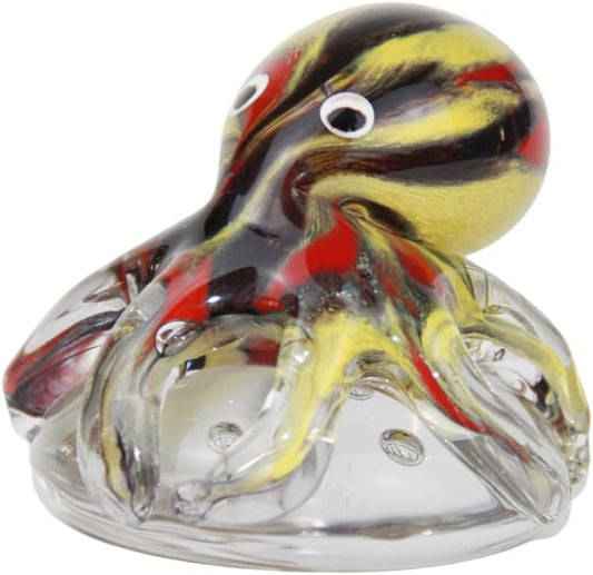 Hand Blown Glass Octopus Figurine with Iridescent Tentacles & Polished Crystal Base, Sea Life Figurines for Decorating Fish Tank Aquariums, Glass Paperweight (Black)