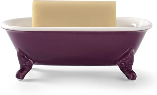 6.5" Ceramic Mini Decorative Clawfoot Bathtub Bar Soap Dish, Kitchen Sponge Holder and Shower Tray for Bathroom, 1 Pack(Plum)