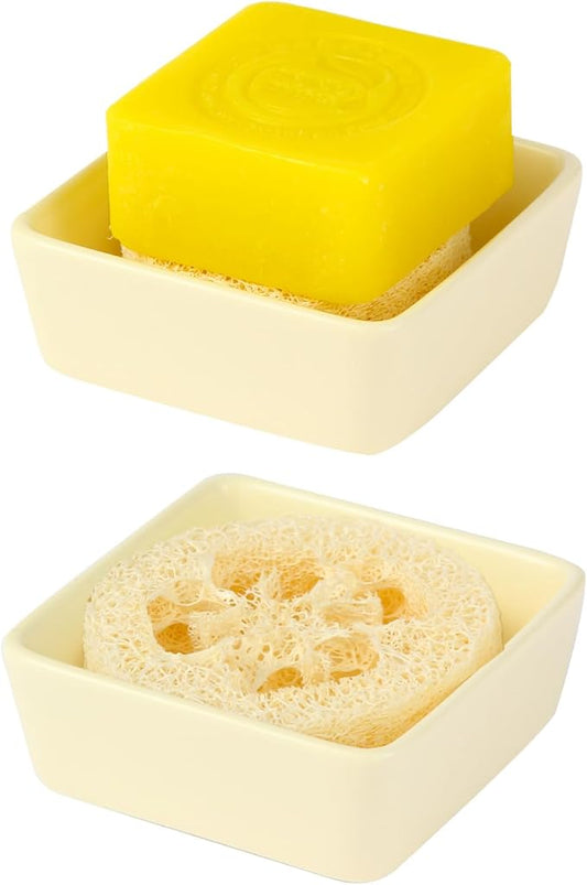 Soap Holder Square Ceramic with Natural Loofah Soap Rest, Bathroom Soap Dish Lisfting Pads, Quick Drying and Easy to Clean, Ideal for Square Soaps (Cream White)