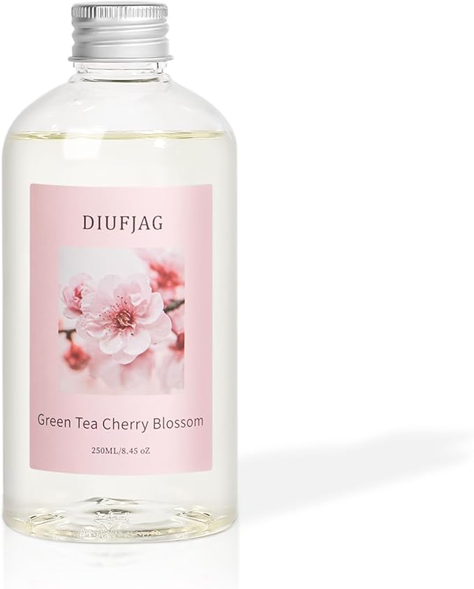 Green Tea Cherry Blossom Diffuser with 20 Black Fiber Sticks, 6.7 oz Diffusers for Home Essentials Bathroom,Last up to 60 Days（200ml