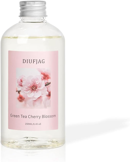 Green Tea Cherry Blossom Diffuser with 20 Black Fiber Sticks, 6.7 oz Diffusers for Home Essentials Bathroom,Last up to 60 Days（200ml