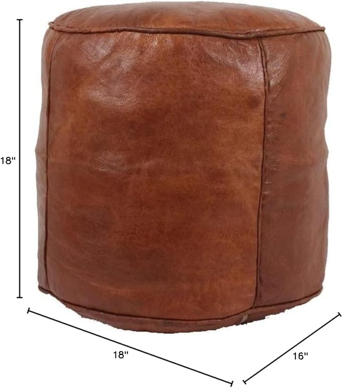 Unstuffed Genuine Tan Leather Pouf | Moroccan Ottoman Footstool, Footrest Cover | Super Soft Handmade Ottoman Pouf Comes in 18x16 inches