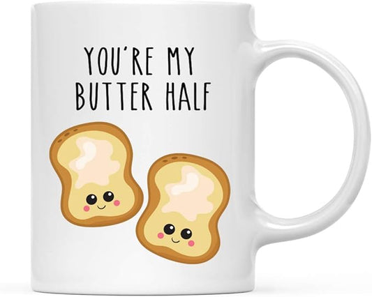 Andaz Press Valentine’s Day Funny 11oz. His Her Couples Coffee Mug Gift, You're My Butter Half, Bread Graphic, 1-Pack, Gift Box