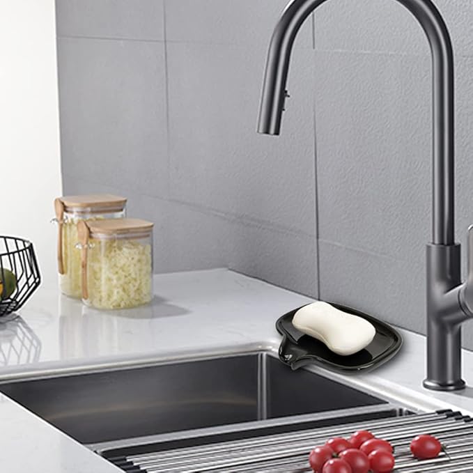Multi-Color Ceramic Soap Dish for Kitchen or Bathroom, Easy to Clean, Self Draining Soap Holder, Keeps Soap Dry (Black)