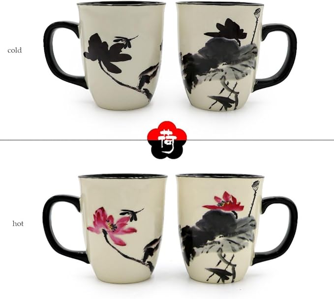 Funny Ceramic Magic Heat Color Changing Art Coffee Tea Mug Lotus Printing Porcelain Mugs for Women Personalized White Green Tea Cup 16 oz Large Coffee Mug for Mom Girl Grandma And Man