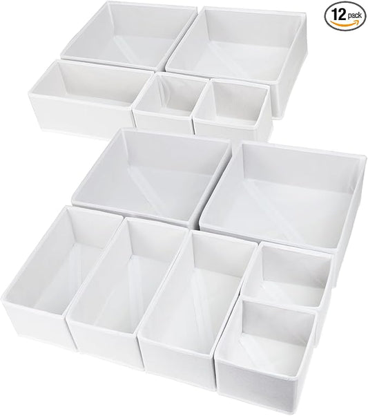 12 Pack Drawer Organizers for Clothing, Foldable Clothes Drawer Organizer for Underwear, Folded Clothes, Baby Clothing, Socks, Bra, Towels, Ties - Multi-pack Storage Box (White)