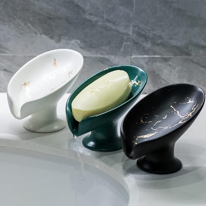 Leaf-Shape Ceramic Soap Dish, Gold Marble Pattern, Easy to Clean, Self Draining Soap Holder, Keeps Soap Dry (Green)