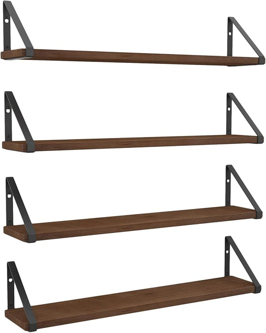 Wallniture Ponza Floating Shelves for Wall, 24" Rustic Wood Wall Shelves for Bedroom Decor, Living Room Book Shelf, Kitchen Organization Walnut Set of 4