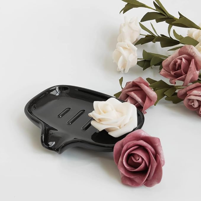 Multi-Color Ceramic Soap Dish for Kitchen or Bathroom, Easy to Clean, Self Draining Soap Holder, Keeps Soap Dry (Black)