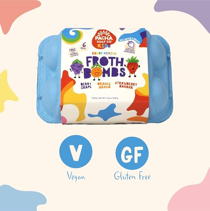 Pacha Soap Co. Kids Color Mixing Bath Bomb, 2-Pack - Safely Colors Bath Water, Kids Love Them, Plant-Based, Non-Toxic, No Animal Testing, Vitamin Rich, Endless Frothy Fun, Mix & Match