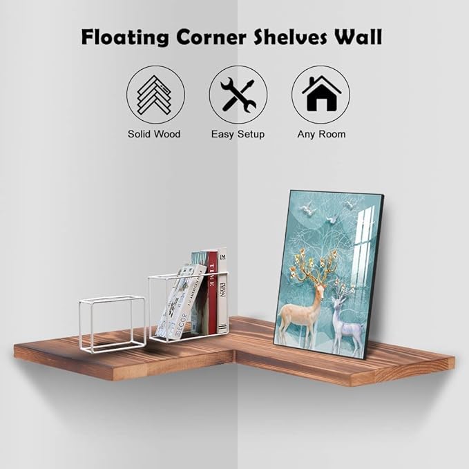 Solid Wood Set of 6 L-Shaped Corner Floating Shelf Wall Mounted Rustic Wooden Corner Shelf Hanging Wall Storage Shelf, Corner Wall Shelf Carbonized Brown, 12 inch-6 Packs