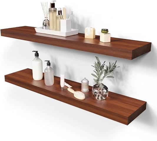 Habudda Floating Shelves, Bathroom Wall Shelf for Rustic Home Decor, Natural Wood, Invisible Bracket, 35.5 Inches, 2 Pack