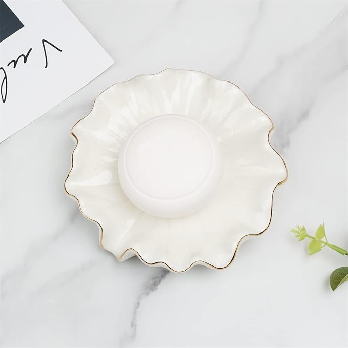 Soap Dish with Drain Ceramic White Lotus Leaf Soap Holder Soap Saver for Bar Soap, Kitchen Sink, and Bathroom Shower