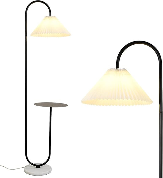 beaysyty Modern Elegant with Tray Floor Lamp for Office Cafe Den Living Room Bedroom, Foot Switch and Black Paint, White Pleated Cloth Lampshade
