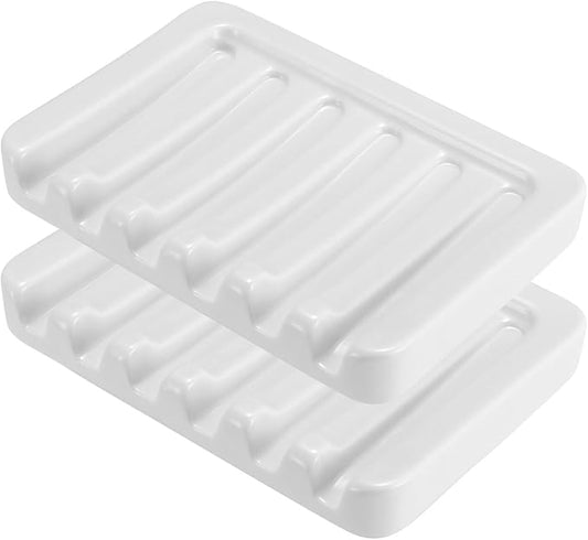 Self Draining Soap Dish, Ceramic Soap Holder for Shower, Vonpri Waterfall Bar Soap Case Saver Tray Sponge Organizer Keep Dry for Bathroom Kitchen Counter Sink (2, White)
