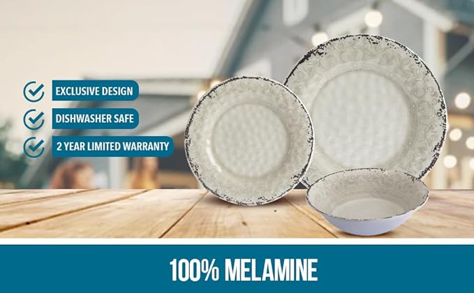 Melamine Dinnerware Sets, Service for 4. Unbreakable Dishes. Scratch Resistant Melamine Ware. Plates and Bowls. Dishwasher Safe Platos De Melamina Baroque Design. Beautifully Packaged Gift Box
