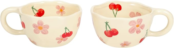Koythin 2-Pieces Ceramic Coffee Mugs, Creative Cute Flower Cup for Office and Home, 8.5 oz/250 ml Aesthetic Mug for Latte Tea Milk (2 Pink Cherrys)