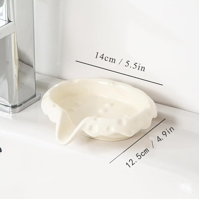 Ceramic Soap Dishes with Drain Spout, Modern Bathroom Countertop Soap Holder, Porcelain Soap Tray for Sink. Cream White.