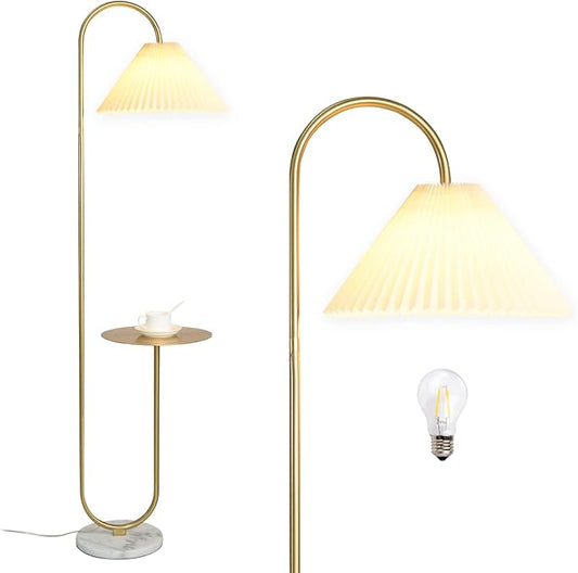 beaysyty Modern Elegant with Tray Floor Lamp for Office Cafe Den Living Room Bedroom, Foot Switch and Brass/Gold Finish,Light Yellow Pleated Cloth Lampshade
