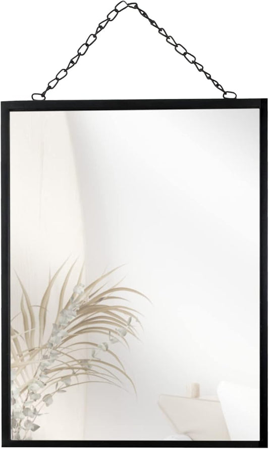 Black Hanging Mirror with Chain, 12 x 16 Inch Rustic Wall Decor for Bathroom, Entry, Dining Room, and Living Room. Metal Rectangle Vanity Mirror, Decorative Mirror.