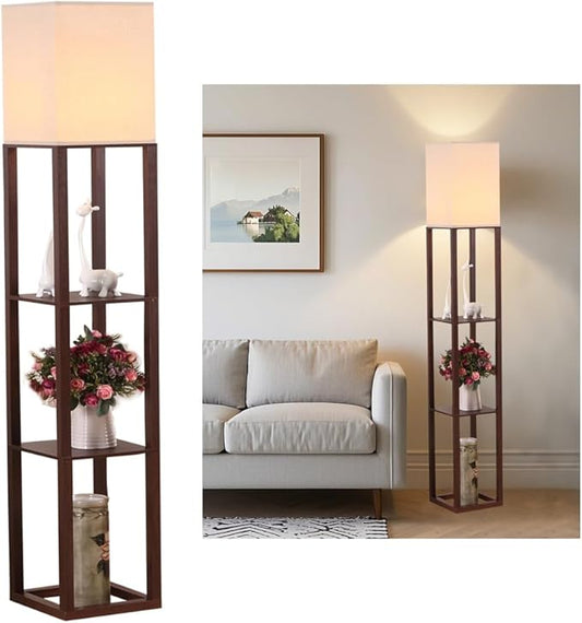 HomeFocus - LED Floor Lamp with Shelves,Floor Lamp with USB Charging,Shelf Floor Light,Corner Display Lamp for Living Room,Bedroom and Office,Wood,Brown.