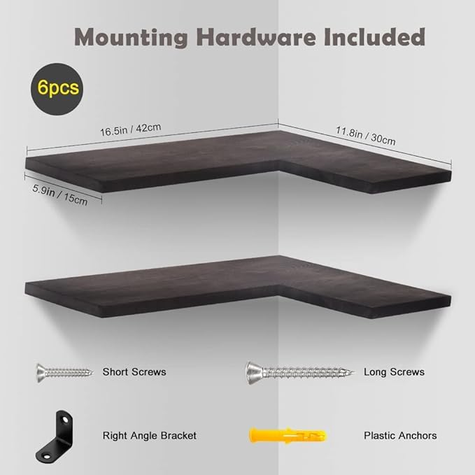 Natural Wood Set of 6 Corner Floating Shelves Wall Mounted Hanging Storage Shelves Display Decor for Bathroom Bedroom Kitchen Office Living Room L-Shaped Corner Book Shelves Carbonized Black