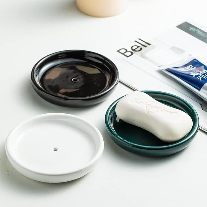 Round Self Draining Soap Dish, Small Ceramic Tray, Cute Jewelry Dish, Keep Soap Dry & Bathroom Décor (White)