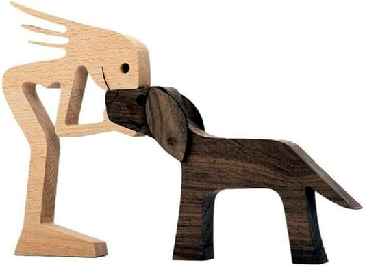 Unique Gift Hand Carved Wood Human Statue Figurine Sculpture Home Office Decor, Wooden Man Dog Carving Model to Remember Friendship Between Dog and People