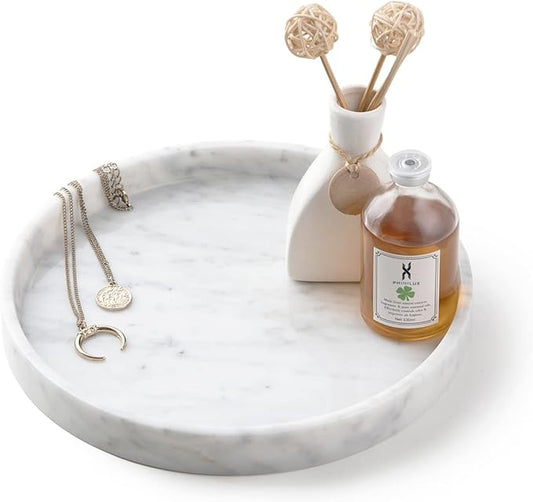 𝐋𝐮𝐱𝐮𝐫𝐲 𝐈𝐭𝐚𝐥𝐢𝐚𝐧 100% Marble Round Vanity Tray 10‘’, Minimalist Modern Decor & Serving Trays for Bathroom, Kitchen, Nightstand, Jewelry Ring Dish Holder, Table Accents Decor, White