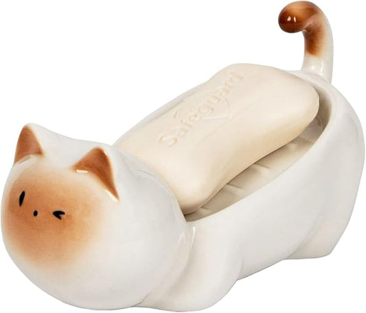 Bar Soap Holder, Cute Ceramic Cat Soap Dish - Self Draining - Small Shower Bar Soap Holder for Soap Bar Holder for Shower, Dish Soap Holder, Soap Dish for Shower (White)