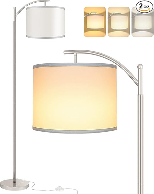 ROTTOGOON Floor Lamp for Living Room, LED Standing Lamp with White Lamp Shades for Bedroom, 9W LED Bulb Included - Silver