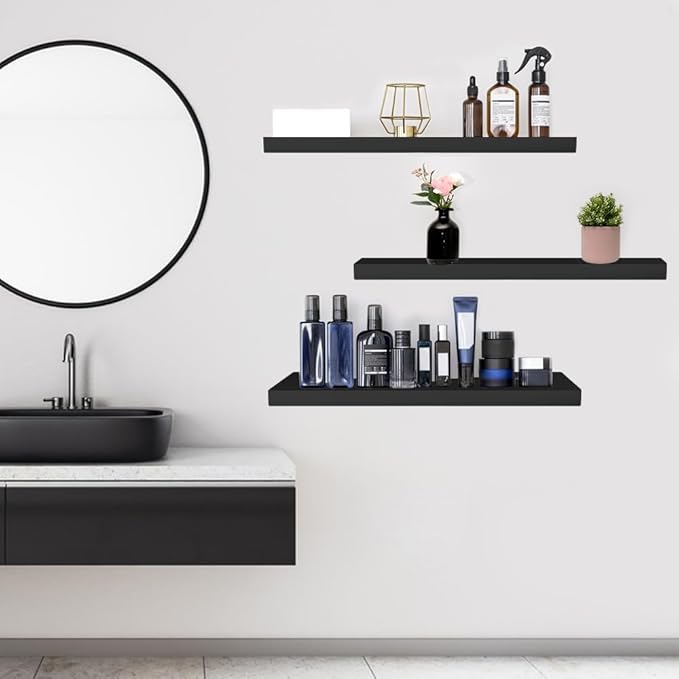 Floating Shelves for Wall, 16*6*1inch Wood Wall Mounted Shelves for Room Decor, Repisas Flotantes for Book Bathroom Bedroom Storage, Renter Friendly Shelves with Invisible Brackets (Black)