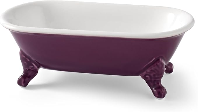 6.5" Ceramic Mini Decorative Clawfoot Bathtub Bar Soap Dish, Kitchen Sponge Holder and Shower Tray for Bathroom, 1 Pack(Plum)