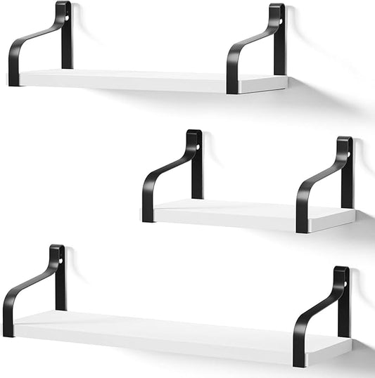 Love-KANKEI Floating Shelves Wall Mounted Set of 3, Rustic Wood Wall Storage Shelves for Bedroom, Living Room, Bathroom, Kitchen, Office and More White