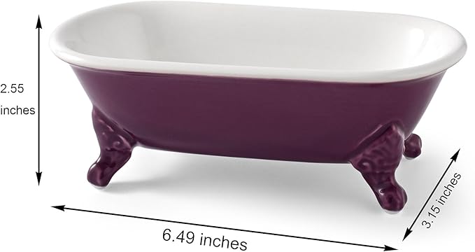 6.5" Ceramic Mini Decorative Clawfoot Bathtub Bar Soap Dish, Kitchen Sponge Holder and Shower Tray for Bathroom, 1 Pack(Plum)