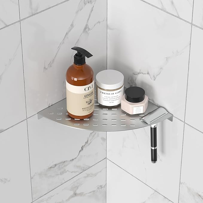 2 Pack Corner Shower Shelves 304 Stainless Steel Corner Shower Shelf 8in shower shelf Drilling Installation (One Brushed Nickel)