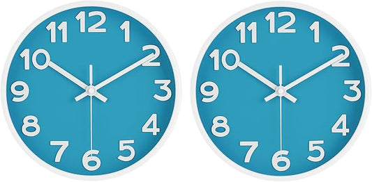 HIPPIH Wall Clock 2 Pack, 10 Inch Modern Wall Clocks Battery Operated, Non Ticking Silent Wall Clock, Simple Small Analog Wall Clock for Living Room, Bedroom, Kitchen, School, Office, Blue