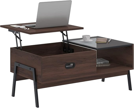 soges Coffee Table, Brown Lift Top Coffee Table with Storage, Coffee Table with Lift Top, Rustic Wood Raisable Top Central Table for Living Room