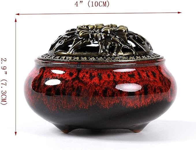 Ceramic Incense Burner with Incense Stick Holder + Insulation use for Stick or Coil Incense, Sage Cones and Frankincense (Fambe Red)