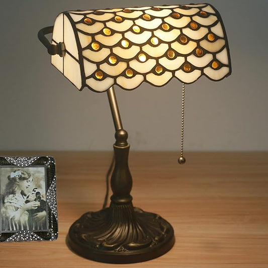 Tiffany Style Bankers Table Lamp Stained Glass Piano Desk Lamp Vintage Bedroom Bedside Lamp for Study,Antique Alloy Base,Zipper Switch,Green c